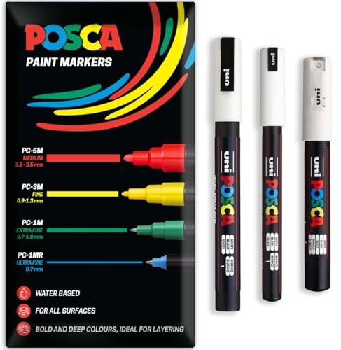 Posca Water Based Acrylic Paint Marker Pens | Multi Surface Use Permanent Paint Pen | Pack of 3 Pens in Envelope Gift Packaging | Glass Fabric Wood etc | PC-1MR, PC-1M, PC-3M, White