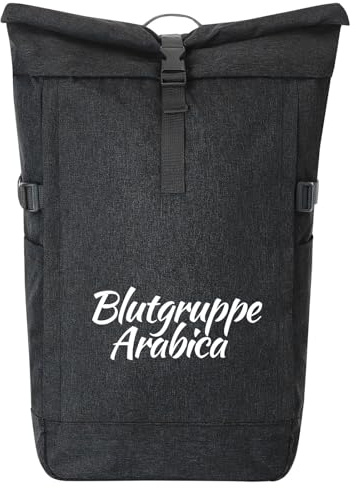Huuraa Kurierrucksack Blutgruppe Arabica Schriftzug 30-44 Liter Black Melange Fairtrade Rolltop Rucksack Geschenkidee