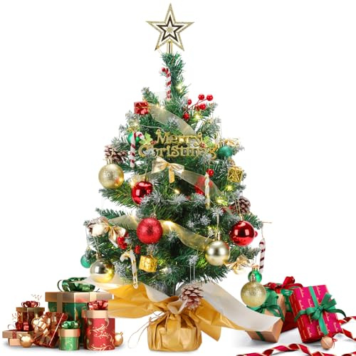 Lomffy Mini Albero di Natale con Illuminazione a LED. 60cm Albero di Natale da Tavolo con Puntale a Stella Albero di Natale Artificiale Piccolo con Base in Legno e Catena Luminosa per Tavolo Ufficio