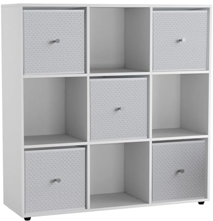 URBNLIVING 9 Cube Storage Unit with 5 Foldable Fabric Drawers, Wooden Freestanding Bookcase Shelf Organiser, Modern Cube Shelving for Bedroom, Office, Living Room, Toys, Clothes & Books