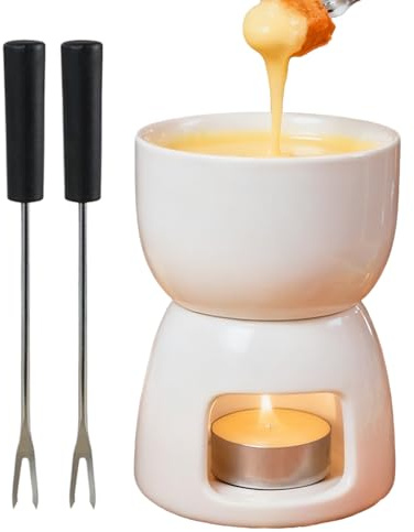 150ML Chocolate and Cheese Fondue Set, Porcelain Melting Pot with Warming Candle & 2 Forks, Mini Fondue Pot for Home, Restaurant & Cafe Use