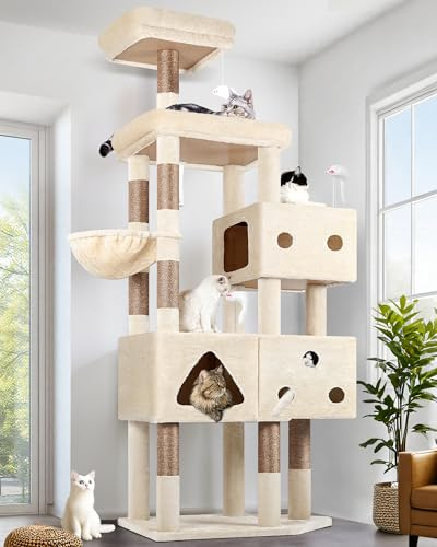 Globlazer Kratzbaum Beige XXL 207 cm mit 3 Lustig Große Katzenhaus 45 * 35cm, Gepolsterte Plattform, Sitzstangen, Katzenkorb, 8 Sisalstämme, Stabil Katzenbaum für Große Katzen Schwere (F81, Beige)