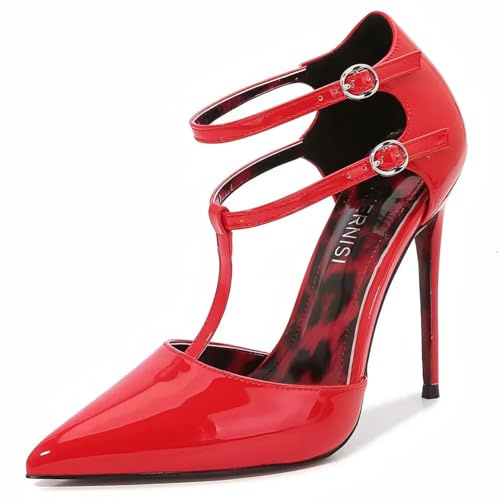 Escarpins Rouges À Brides Doubles T-Bar, Bout Pointu – Talons Hauts Aiguilles Stiletto 13 cm, Chaussures De Soirée (Rouge Vif, 44)
