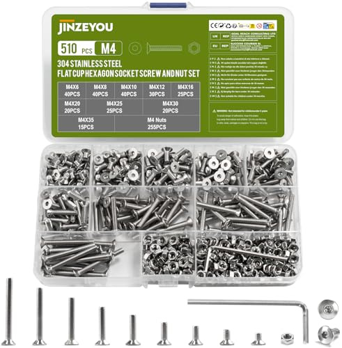 510 Stück M4 Schrauben Set, Edelstahl Senkkopfschrauben Muttern Set, Metrisch Flachkopfschrauben Innensechskant Schrauben mit Muttern Sets mit Unterlegscheiben, Senkkopf Gewindeschrauben Sortiment