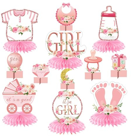 Bubaxuce 12 Stück Rosa Gold Babyparty Dekorationen Waben Tischmittelstücke für Mädchen Florale Es Ist EIN Mädchen Geschlecht Enthüllung Tischmittelstück Partyeinlagen