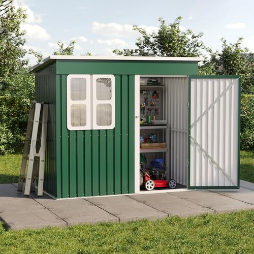 Amopatio Metall Gerätehaus 222x132cm, Gartenhaus aus verzinktem Stahl, abschließbarer Geräteschuppen mit Fenster & Lüftung, Fahrradschuppen ohne Boden, wetterfest für Garten & Terrasse, Grün