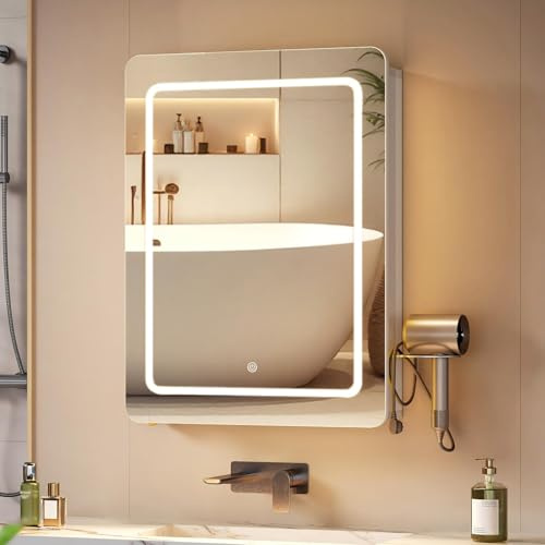 Hzuaneri Spiegelschrank Bad mit Beleuchtung, 3 Farbtemperaturen | Badezimmer Spiegelschrank, Badezimmerschrank mit Spiegel und Verstellbarem Regal, 16,5 x 50 x 70 cm Weiß MC30103XEU