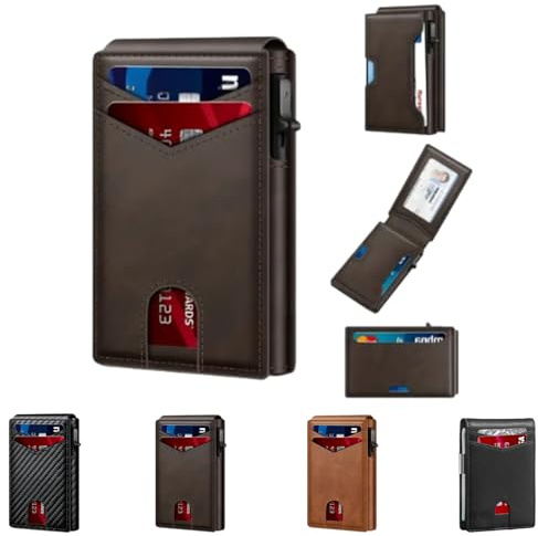 Portefeuille minimaliste en aluminium de qualité supérieure avec blocage RFID pour homme – Accès aux cartes pop-up, fenêtre pour carte d'identité, fentes en cuir et porte-cartes de crédit, Set 4, 10.2