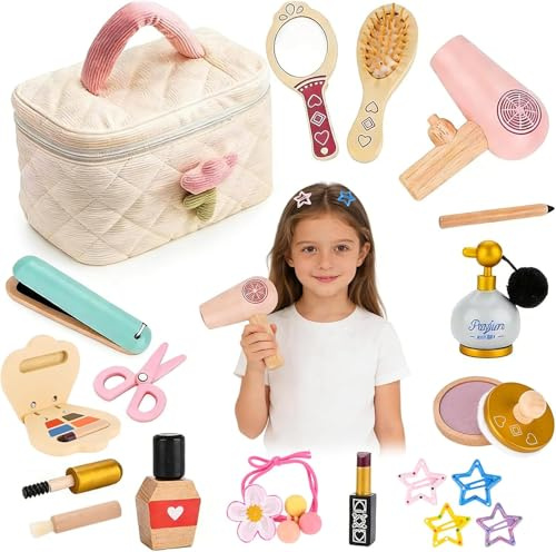 TOSUTO Holz Kinderschminke Set Mädchen,Kinder Schminke Makeup Spielzeug Rollenspiel Beauty Set Schminkkoffer Schminkset,Weihnachten Holzspielzeug Geschenk für Mädchen ab 3 4 5 6 7 Jahre