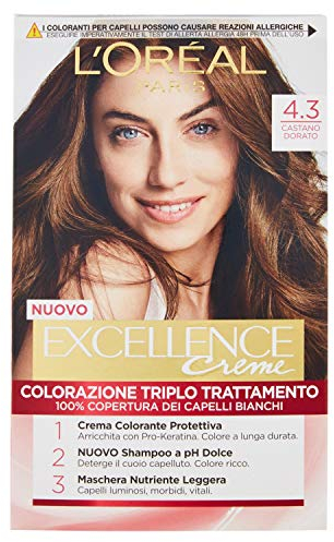L'Oréal Paris Excel Castano Dorato N.4.3 Crema Triple Cuidado Avanzado 100% Cobertura de Canas Golden Brown para Cabello Blanco o Gris