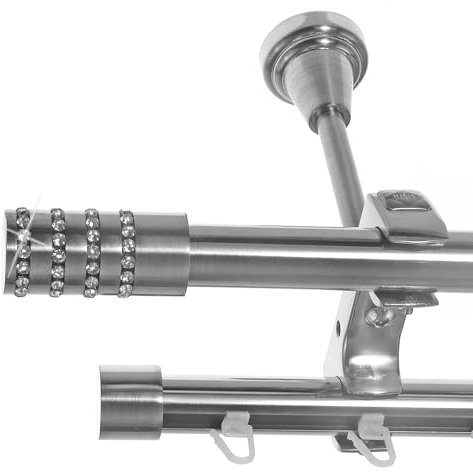 BASIT Rohr + Innenlauf Gardinenstange Deckenmontage 2 läufig 140cm lang Edelstahl Look Metall Gardinenstange 2 läufig Deckenbefestigung Ø20mm I D61 RI