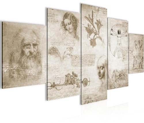Runa Art Wandbilder Leonardo Da Vinci 5 Teilig Bild auf Vlies Leinwand Deko Wohnzimmer Schlafzimmer Skizze Renaissance Biege 700452a