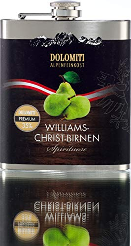 DOLOMITI Williams-Christ-Birne Schnaps Flachmann - Williams-Christ-Birne Premium Spirituose 35% vol. - Ideal auch als Geschenk - 0.2 Liter