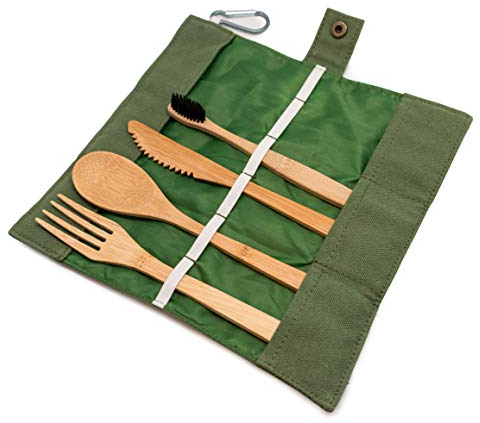 Nerthus FIH 654 Set de Cubiertos portatil de Bambú. Compacto, ecológico, 100% Natural y Reutilizable. Fácil de Transportar Ultraligero y Duradero