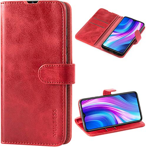 Mulbess Ledertasche für Xiaomi Redmi Note 8 Pro Hülle Klappbar, Handy-Hülle mit Magnetverschluss Schutz Case, Kartenhalterung, Vintage Wein Rot