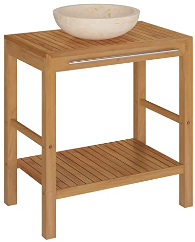 vidaXL Teak Massiv Waschtisch mit Waschbecken Waschschale Badmöbel Aufsatzwaschbecken Unterschrank Badschrank Waschbeckenunterschrank Marmor Creme