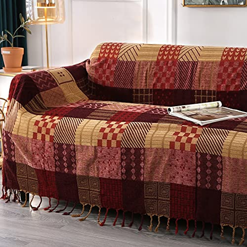 DECMAY Boho Throw Blanket,Patchwork Large Blankets for Sofa Double Bed Armchair Couch,Weighted Soft Furniture Throws,Tassels Chenille Throws and Blankets for Bohemian Decor(150 * 190cm)