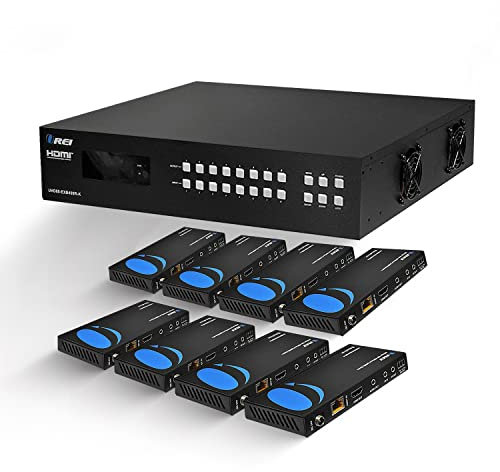 OREI 8X8 4K HDMI Matrix Switcher Extender - HDBaseT UltraHD 4K @ 60Hz 4:4:4 Over Single CAT5e/6/7 Cable with HDR, CEC & IR Control, RS-232 - Up to 400 Ft - Additional 8 Loop Out - 8 Receivers