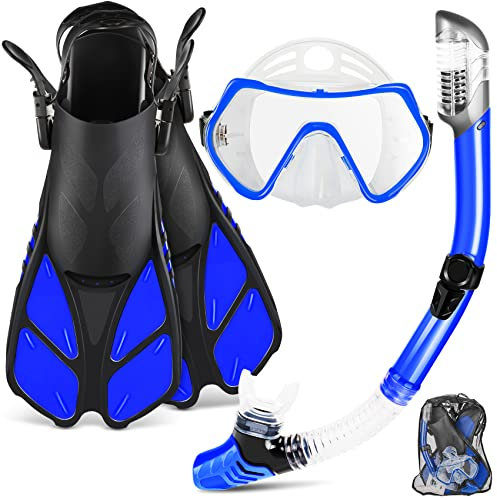ZEEPORTE Mask Fin Snorkel Set with Snorkel Equipment for Adults, Panoramic View Diving Mask, Trek Fin, Dry Top Snorkel + Travel Bags, Snorkel for Lap Swimming