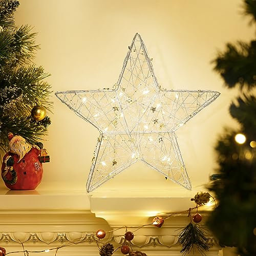 Lewondr Tischlampe, Dekorativ LED Sterne Deko Weihnachten Nachttischlampe mit Eisendraht Batteriebetrieb Tischdeko Weihnachtsbeleuchtung Fenster Sterne Weihnachten Schlafzimmer Zuhause Büro, Silber