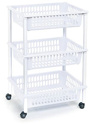 AC - Carrito verdulero Modelo PLFT de plástico con 3 Niveles y Ruedas, cestas apilables portaobjetos, Frutas, Verduras, Cocina, baño (Blanco - 61 x 40 x 30 cm)