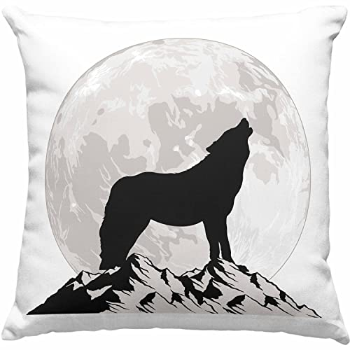 Trendation Wolf Kissen mit Füllung 40x40 Geschenk Wolf Im Mondlicht Geschenkidee Grafik (Grau)