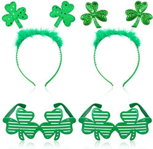 Fiada 4 Stück St Patricks Day Stirnbänder und Brillen, Irisch Grün Shamrock Accessoires Klee Shutter Brillen Kleeblatt Haarreif mit Bopper Paillette Kopfschmuck für St. Patrick's Day Party Kostüm