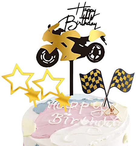 Houhounb 5 Stück Rennthema Geburtstag Tortenstecker Happy Birthday Cake Topper Acryl Kuchen Topper Motorrad Glitter Stern Banner Tortendekoration für Männer Jungen Geburtstagsfeier Partys, Golden