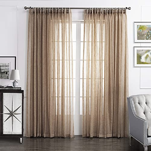 Sedefen 2er Set Sheer Voile Vorhänge Taupe Beige Transparent Kräuselband Leinenoptik Vorhang Kurz Gardinen Schals für Wohnzimmer Schlafzimmer Kinderzimmer 132x244cm (B x H)