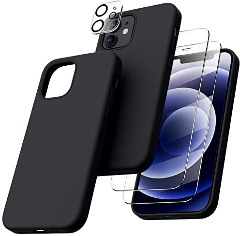ORNARTO 5-in-1 für iPhone 12/12 Pro 6,1 Silikon Case mit 2 x Schutzfolie + 2 x Kameraschutz, Hülle Ultra Dünne Flüssig Silikon Handyhülle Schutz für iPhone 12 Pro/iPhone 12(2020) 6,1 Zoll Schwarz