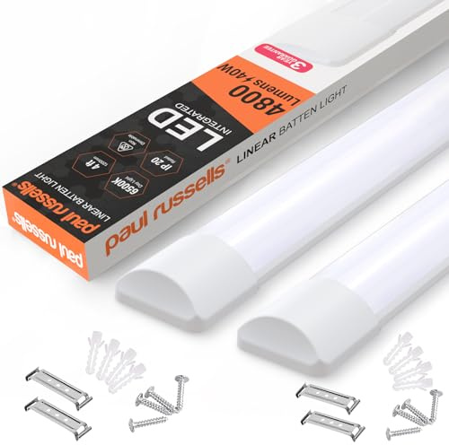 Paul Russell's 4ft LED Batten Light, Ceiling Fitting Tube Light, 6500K Daylight, 40W, 4800 Lumens, Office, Bathroom, Kitchen, Garage, Warehouse Fluorescent Lighting Replacement, 2 Packs