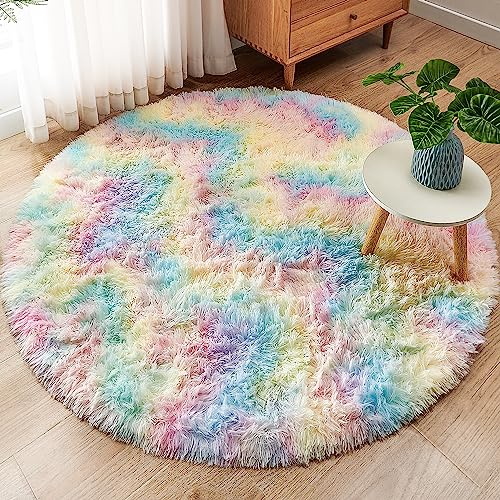ROHATIM Teppich Schlafzimmer Rund 150 cm Regenbogen Waschbar Rutschfester Runder Hochflorteppich Wohnzimmer Kinderzimmer Mädchen Flauschig