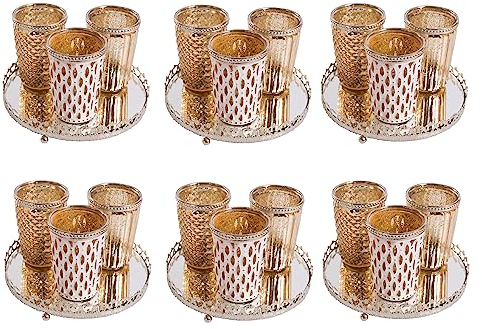 Jinfa Ensemble de 18 bougeoirs en Verre + 6 Plateau Miroir photophore Deco Maison Centre de Table | Or Antique