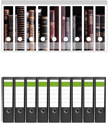 Wallario 9 Stück breite Ordner inkl. Klebeetiketten mit Motiv Bücherregal mit Alten Büchern - Set mit Rückenschildern/Ordnerrücken Stickern