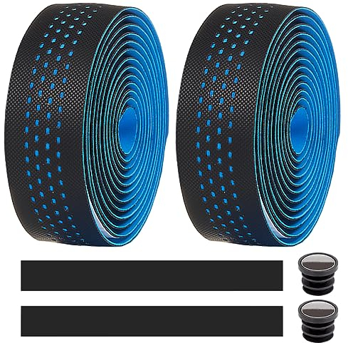 MOCNT 2 Rouleaux Ruban de Guidon de Vélo Guidoline Vélo Route Cuir Respirant EVA PU Antidérapant Absorbant Les Chocs Confort Bande Aadhésives avec Bouchon d'extrémité Bleu