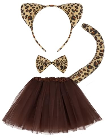 ACWOO Ensemble de Costume Léopard Enfant 4 Pièces - Déguisement Animaux Avec Bandeau, Queue, Nœud Papillon, Jupe Tutu - Pour Halloween Cosplay