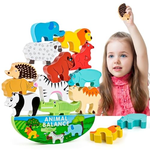 WuGU Montessori Spielzeug ab 3 4 5 6 Jahre, Stapelspiel Holzspielzeug für Kinder, Balance Stapeln Spielzeug, Motorikspielzeug Lernspielzeug Geschenk für Kinder ab 3 Jahre(Tier)