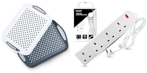 Essen 2-Pack Serving Tray Set – Non-Slip Lap Boards with Grip Handles, Ideal for Food Prep, Tea & Heavy Duty Extension Lead UK Pin Plug and Cable, 4 Gang Way 2m Power Adapter