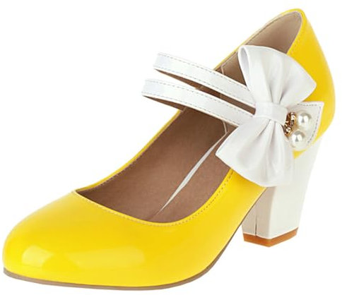 Etebella Damen Mary Jane High Heels Lack Pumps mit Blockabsatz und Schleife Rockabilly Vintage Schuhe(Gelb,39)