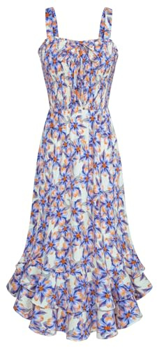 GRACE KARIN Women Summer Floral Maxi Dress Squar Neck Chiffon A Line Strappy Smocked Beach Dress Blue Purple Floral L