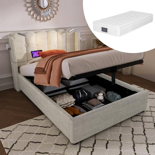 Polsterbett 90x200cm aus Leinen mit Stauraum, USB & LED-Licht - Gemütliches Bettgestell für erholsamen Schlaf
