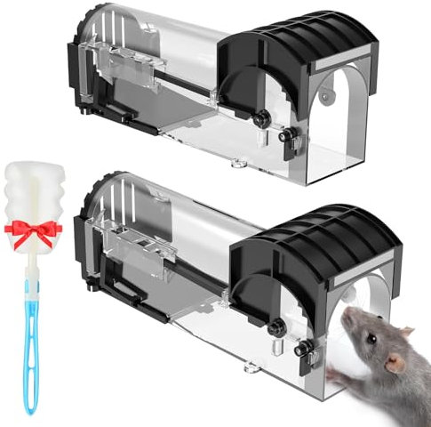 Mouse Trap Rat Rodent Trap 2 Pack, Humane Mouse Traps for Indoors and Outdoors, Easy to Use Rat Trap Cage for Home, Commercial, Residential (includes brush)