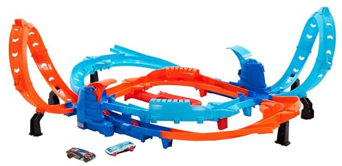 Hot Wheels Spielzeugauto Trackset, Ultra Hots Rasanter Wettkampfstart mit 2 Fahrzeugen im Maßstab 1:64, Kopf-an-Kopf-Rennen und Stunts, 2 manuell bedienbare Starter, HXR71