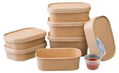 HOT BARGAINS 50 X 750ml Disposable Food Containers Kraft With Paper Lids + 50 X 2oz Hinged Lids Sauce Pots Takeaway Eco Friendly (750ml)