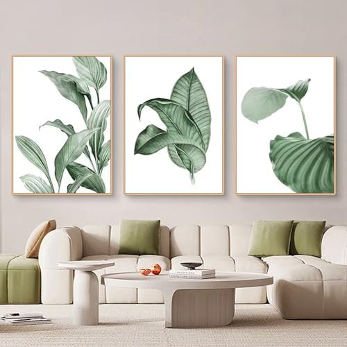Ueiwffzo 3er Set Poster Grüne Pflanze Blätter Bilder, Botanisch Kunstdruck Wanddeko, Aesthetic Wandbilder Wohnzimmer Schlafzimmer Deko, Ohne Rahmen (40x50cm)