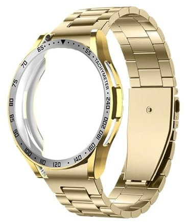 Cinturino in acciaio inossidabile 4-IN-1 adatto for Samsung Galaxy Watch 6 Classic 43mm 47mm Fascia in metallo Custodia in TPU Lunetta Pellicola protettiva in vetro(Gold,For Watch 6 Classic 47mm)