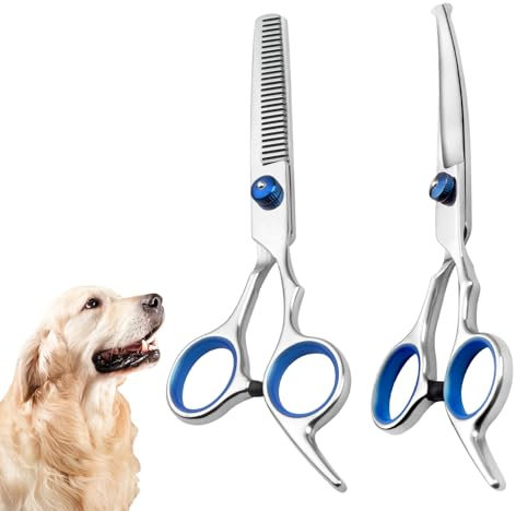 2 Piezas Tijeras Peluqueria para Perros, Tijeras Curvas y Tijeras Entresacar, Tijeras de Acero Inoxidable Con Puntas Redondas de Seguridad para Mascotas, Accesorios Para Cortar el Pelo de Gatos