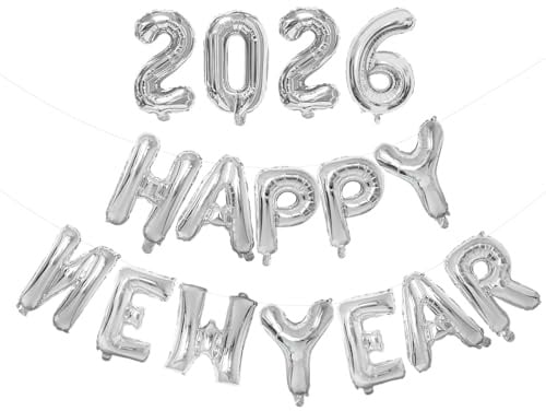 2026 Happy New Year Deko Folienballon, Happy New Year Deko Luftballon, Silvester Party Deko Ballon Zubehör, Happy New Year Dekorationen Set 2026, Für Silvester Party Deko Supplies (B-Silber)