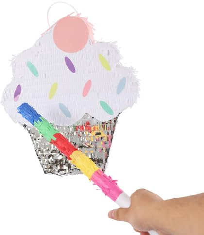 Eiscreme Pinata, 33 * 38cm Kleine Zugschnur Eiswaffel Pinata mit Stab, Geburtstagsspiel für Kindergeburtstag Geburtstag Mädchen Party- Geburtstagsdeko Partydeko & Partyzubehör - Cupcake
