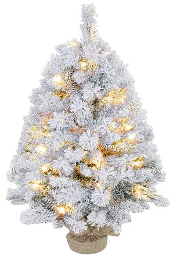 HOMCOM 3ft Prelit Artificial Christmas Tree with Warm White LED Light and 133 Tips, Concrete Base, Flocked Xmas Tree with Pine Cones, Green